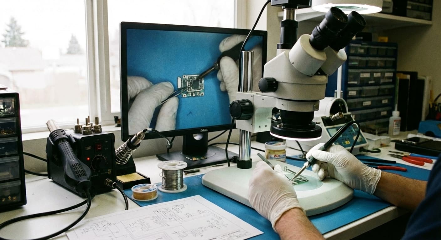 Micro-soldering board-level repair at GCOM Support Ottawa
